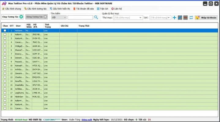 Tool nuôi nick twitter - giao diện phần mềm